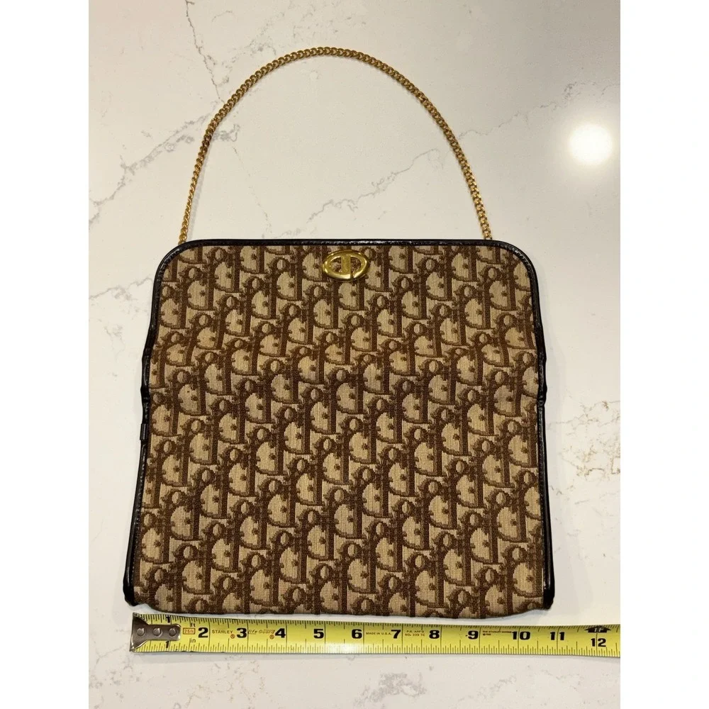 Dior Monogram Trotter Beige Brown Clutch Bag Gold Chain Shoulder Bag